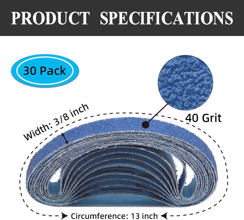 SHUTTLE GENIUS 30 Pcs 3/8 x 13 Inch Zirconia Sanding Belts, 3/8x13 Sanding Belts 40 Grit for Air Belt Sander, Zirconia Sanding Belts for Woodworking, Metal Polishing, Derusting (3/8x13in, 40 Grit) - Image 2